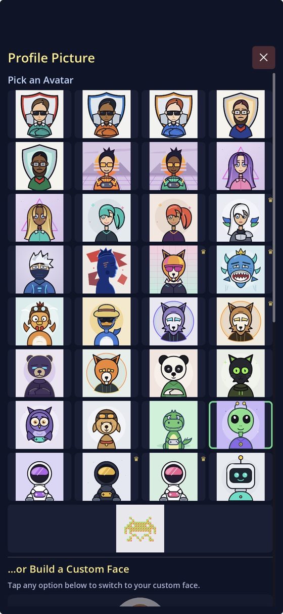 The avatar picker, showing a grid of illustrated character faces to choose from.