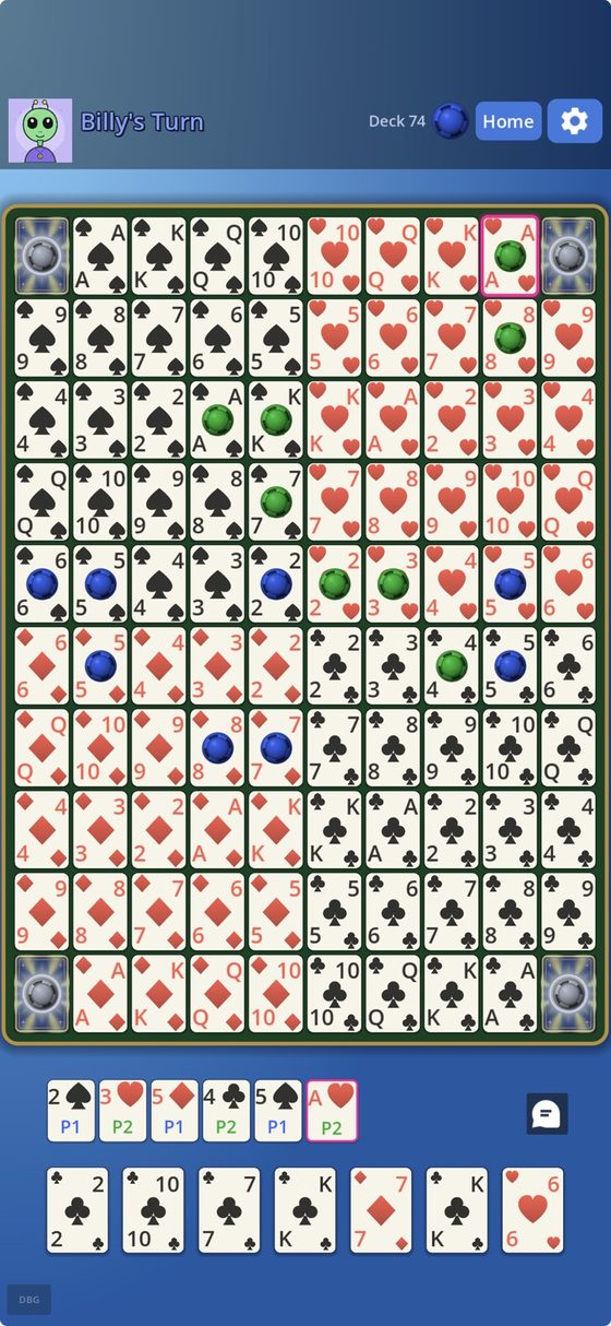 A game in progress. Green and blue chips are spread across the board, a row above the hand shows the last few cards played, and seven cards are held at the bottom.