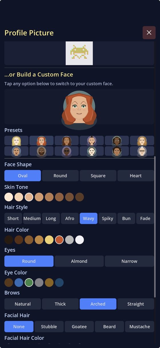 The custom face builder, with sliders and swatches for skin tone, hair, eyes and accessories.