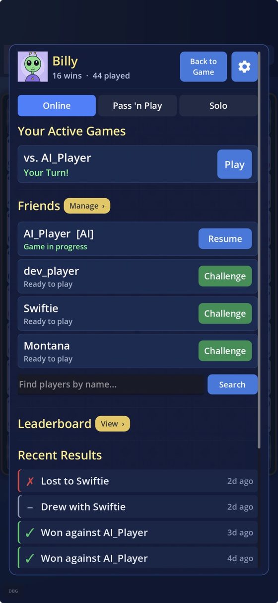 The Home screen on the Online tab, showing an active game, a friends list with Challenge buttons, a player search box, and recent results.